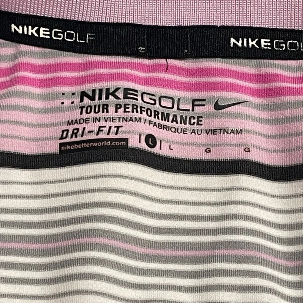 Nike Golf Tour Performance Dri-FIT Sz Large Pink White Black Stripe Sporty Polo